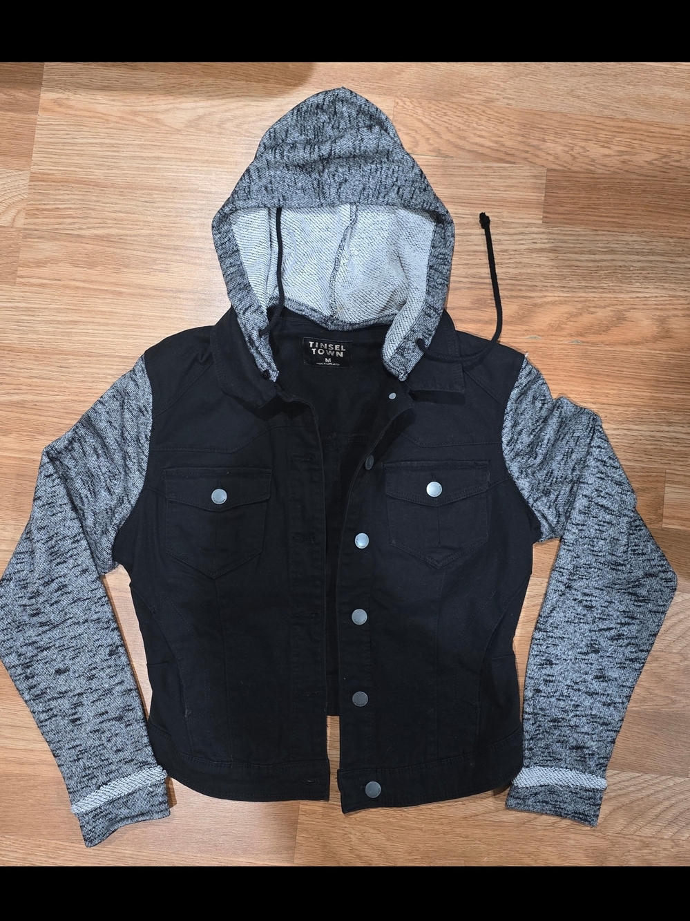 Tinseltown Black Jean Jacket with Heather Gray Hood & Sleeves